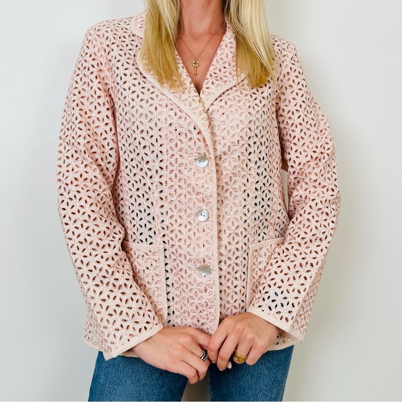 Susan Garver Metallic Gold pink Eyelet Laser Cut Blazer Jacket - Picture 3 of 7